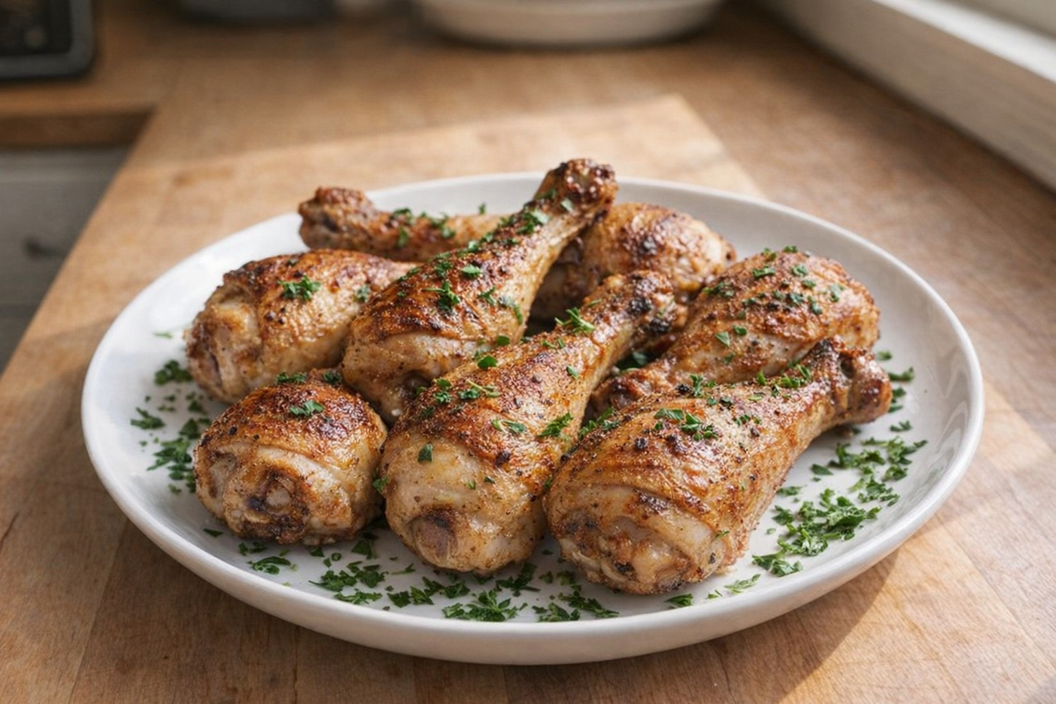 A top-down, eye-level shot of perfectly baked chicken drumsticks on a white plate, crispy golden-brown skin, parsley garnish, natural window light
